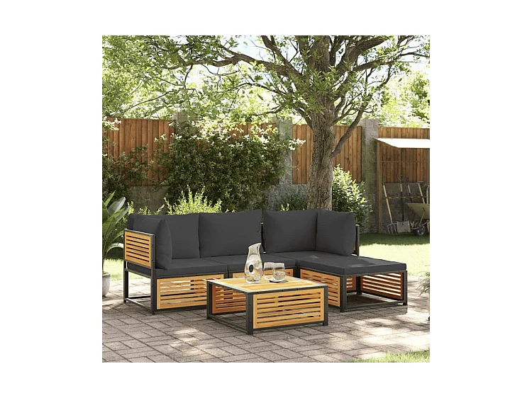 Salon de jardin avec coussins 5 pcs Bois d'acacia solide
