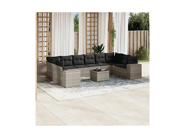 Salon de jardin 11 pcs avec coussins gris clair résine tressée