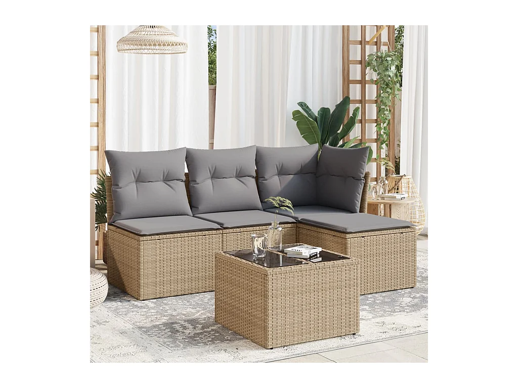 Salon de jardin avec coussins 5 pcs beige résine tressée