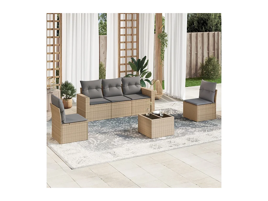 Salon de jardin avec coussins 6 pcs beige résine tressée