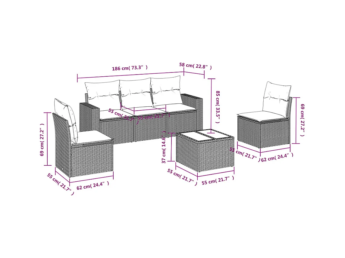 Salon de jardin avec coussins 6 pcs beige résine tressée