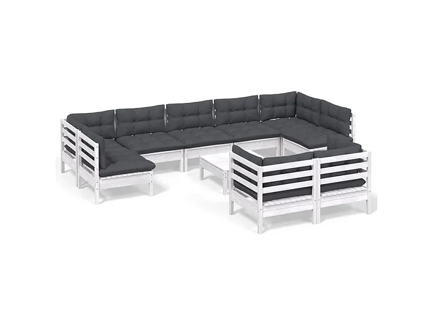 Salon de jardin 10 pcs avec coussins blanc bois de pin solide