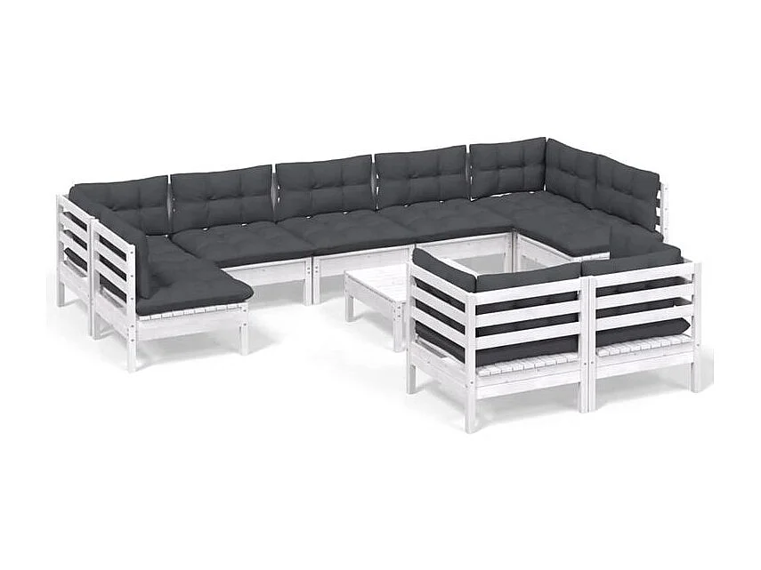 Salon de jardin 10 pcs avec coussins blanc bois de pin solide