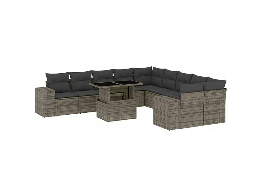 Salon de jardin 11 pcs avec coussins gris résine tressée
