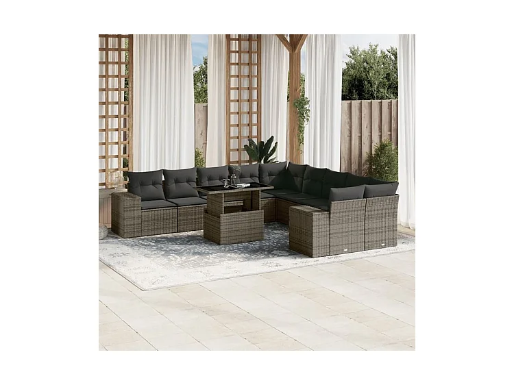 Salon de jardin 11 pcs avec coussins gris résine tressée