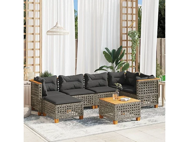 Salon de jardin avec coussins 7 pcs gris résine tressée