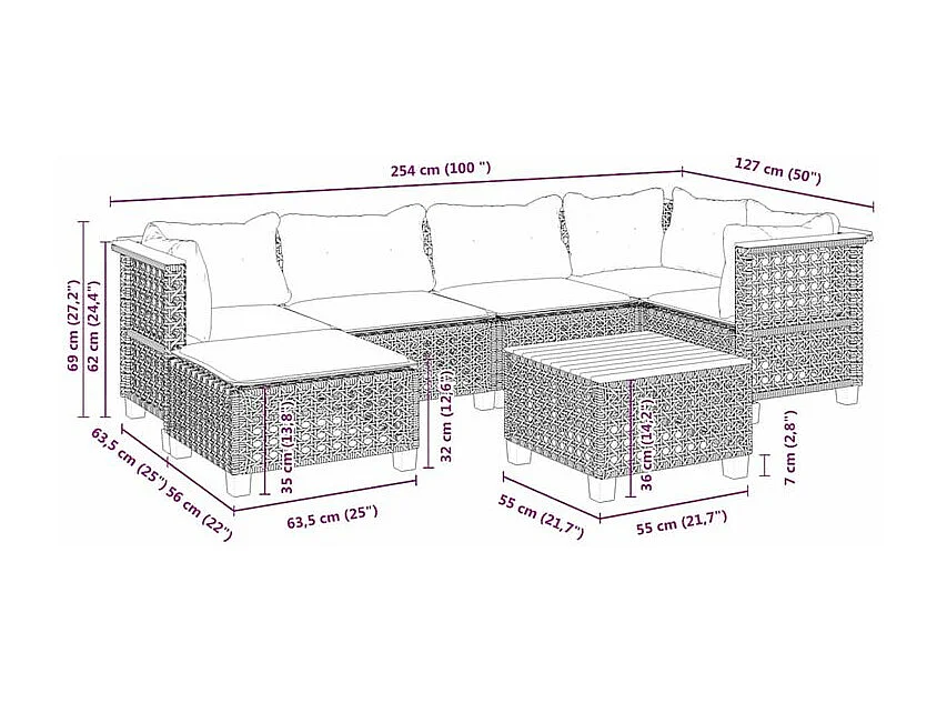 Salon de jardin avec coussins 7 pcs gris résine tressée