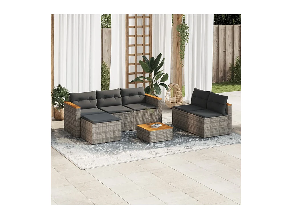 Salon de jardin 5 pcs avec coussins gris résine tressée acacia