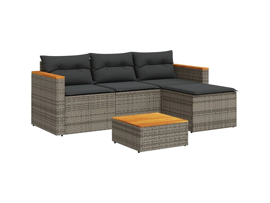 Salon de jardin 5 pcs avec coussins gris résine tressée acacia