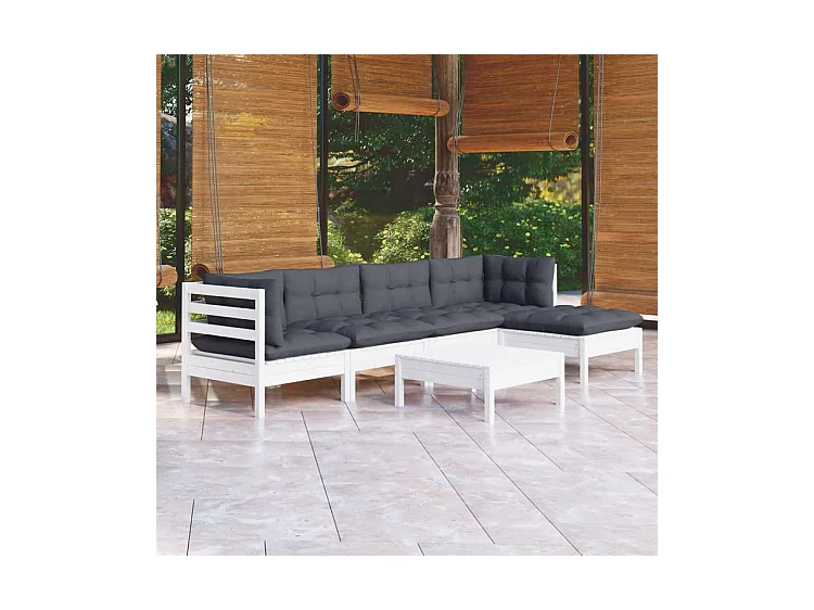 Salon de jardin 6 pcs avec coussins Blanc Bois de pin