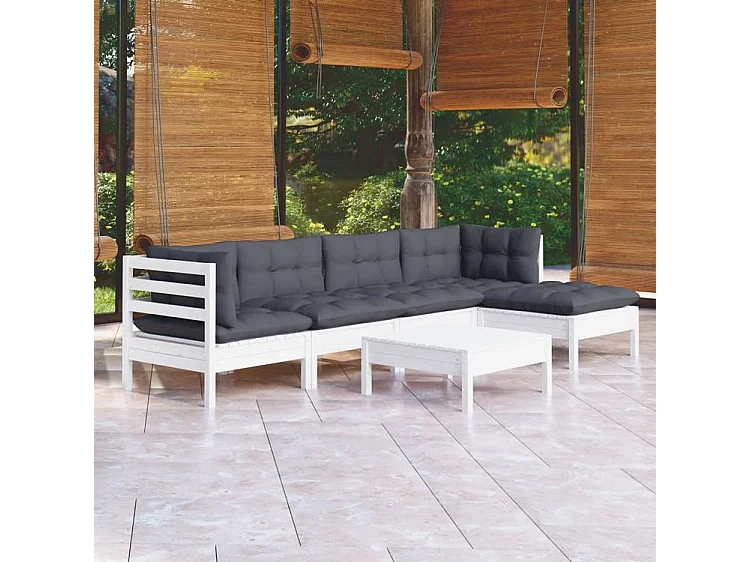 Salon de jardin 6 pcs avec coussins Blanc Bois de pin