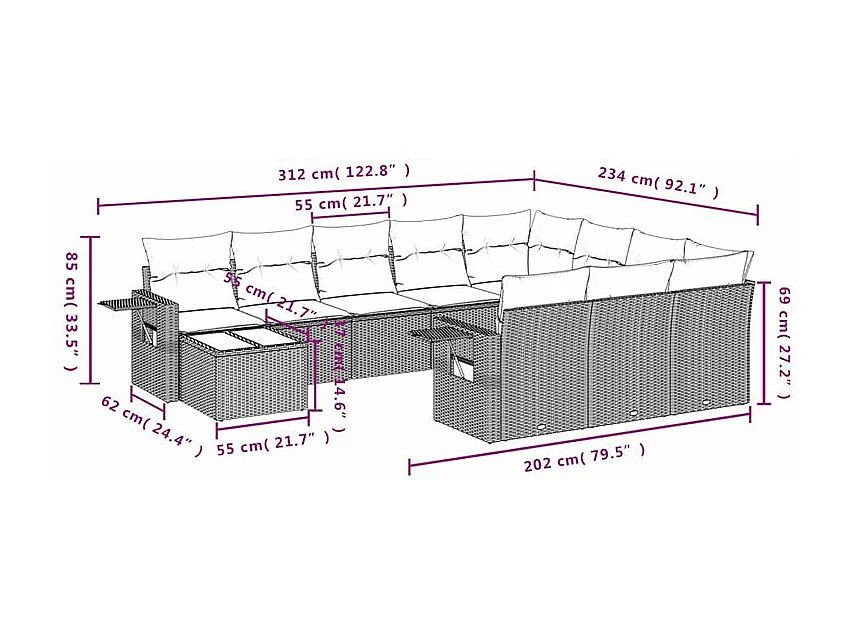 Salon de jardin et coussins 11 pcs marron résine tressée