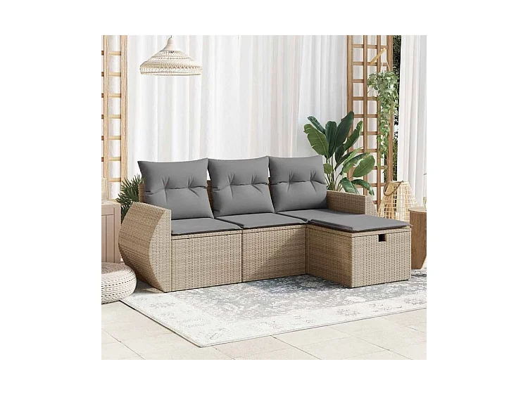 Salon de jardin avec coussins 4 pcs beige résine tressée