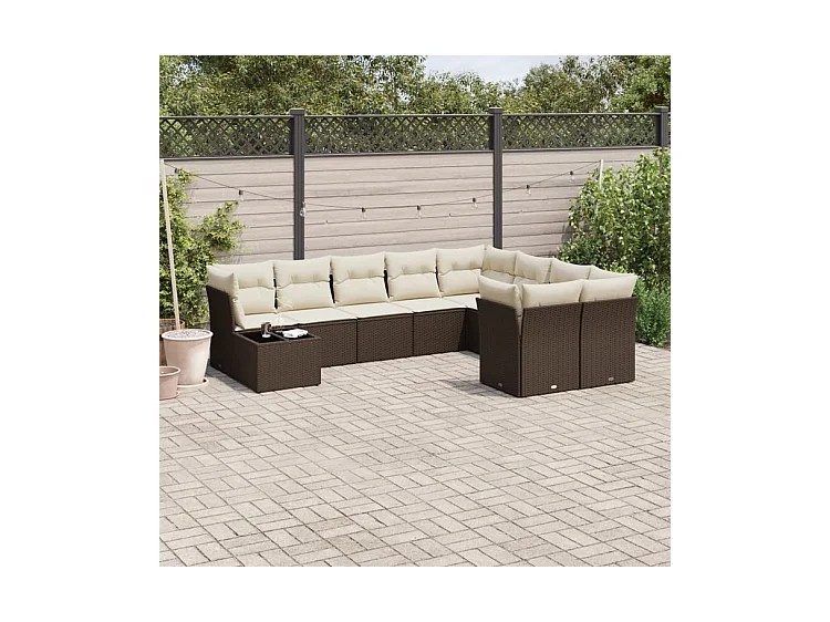 Salon de jardin 10 pcs avec coussins marron résine tressée