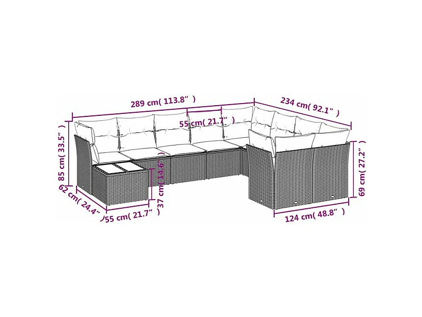 Salon de jardin 10 pcs avec coussins marron résine tressée