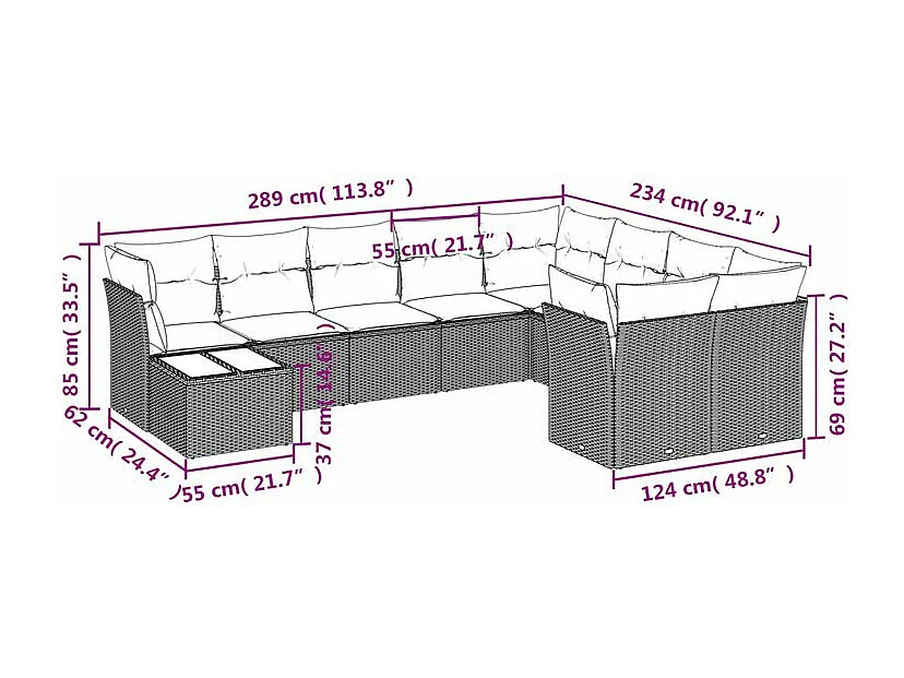 Salon de jardin 10 pcs avec coussins marron résine tressée