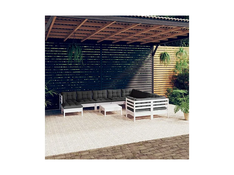 Salon de jardin 11 pcs avec coussins blanc bois de pin