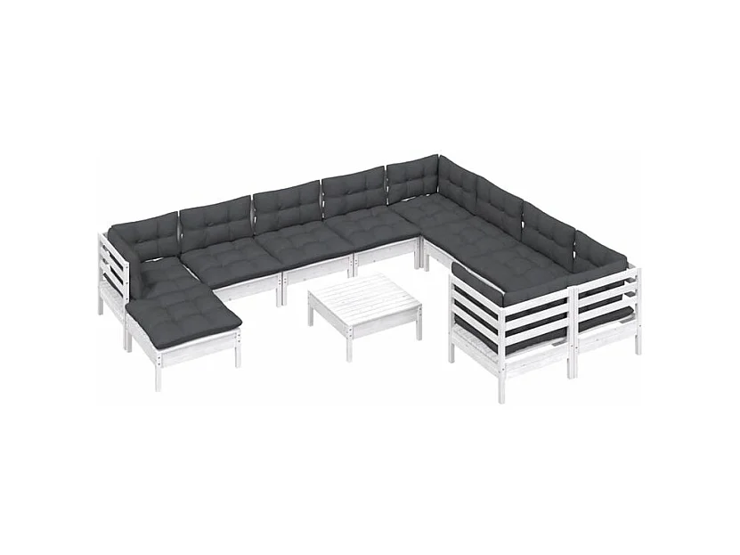 Salon de jardin 11 pcs avec coussins blanc bois de pin