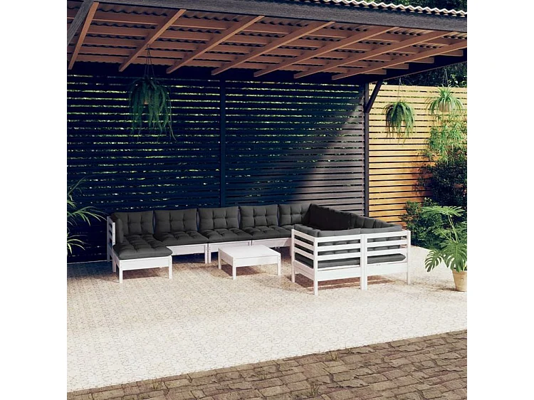 Salon de jardin 11 pcs avec coussins blanc bois de pin