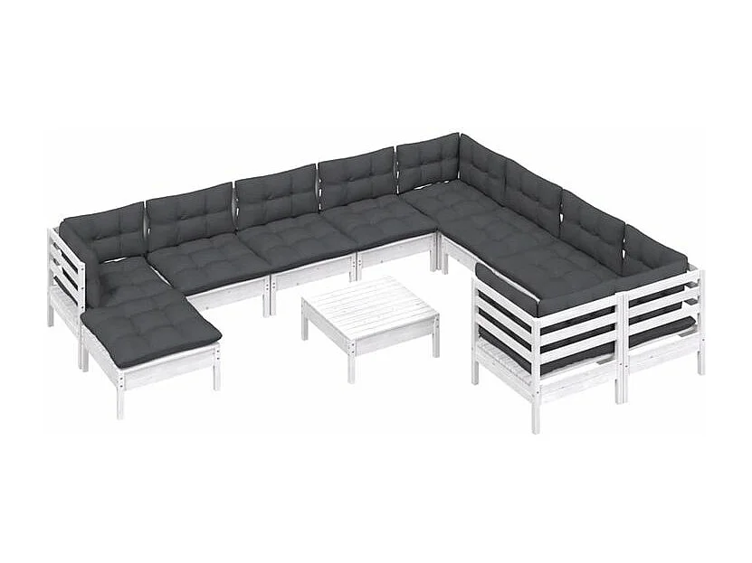 Salon de jardin 11 pcs avec coussins blanc bois de pin