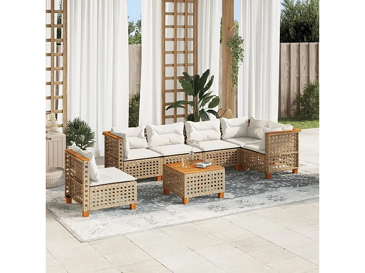 Salon de jardin avec coussins 7 pcs beige résine tressée