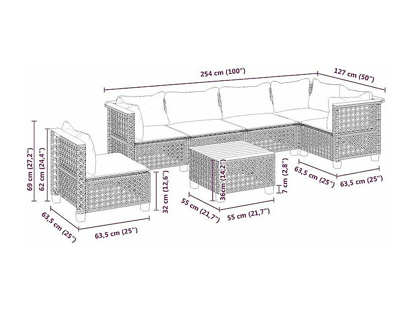 Salon de jardin avec coussins 7 pcs beige résine tressée