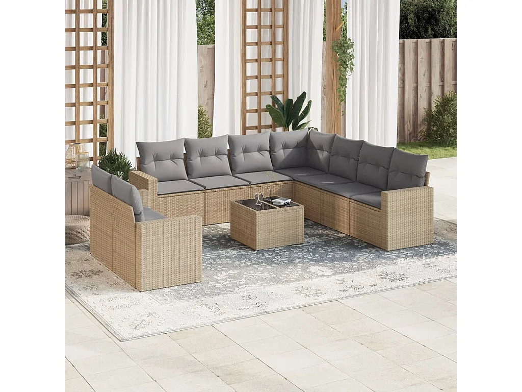 Salon de jardin avec coussins 10 pcs beige résine tressée