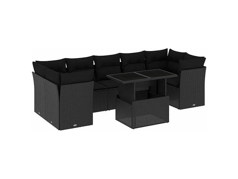 Salon de jardin 8 pcs avec coussins noir résine tressée