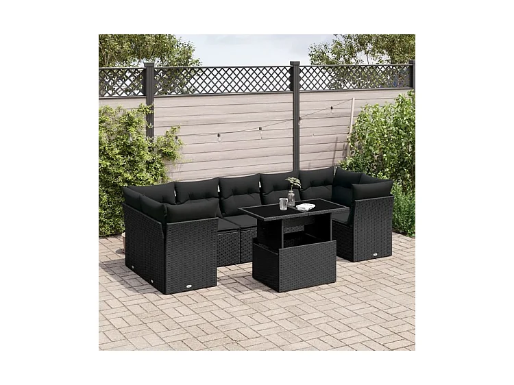 Salon de jardin 8 pcs avec coussins noir résine tressée