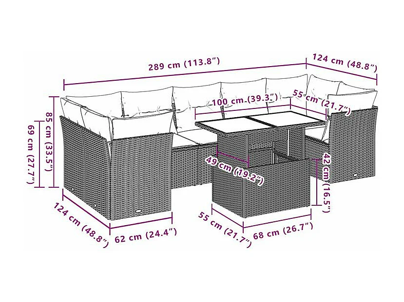 Salon de jardin 8 pcs avec coussins noir résine tressée