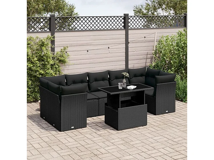 Salon de jardin 8 pcs avec coussins noir résine tressée