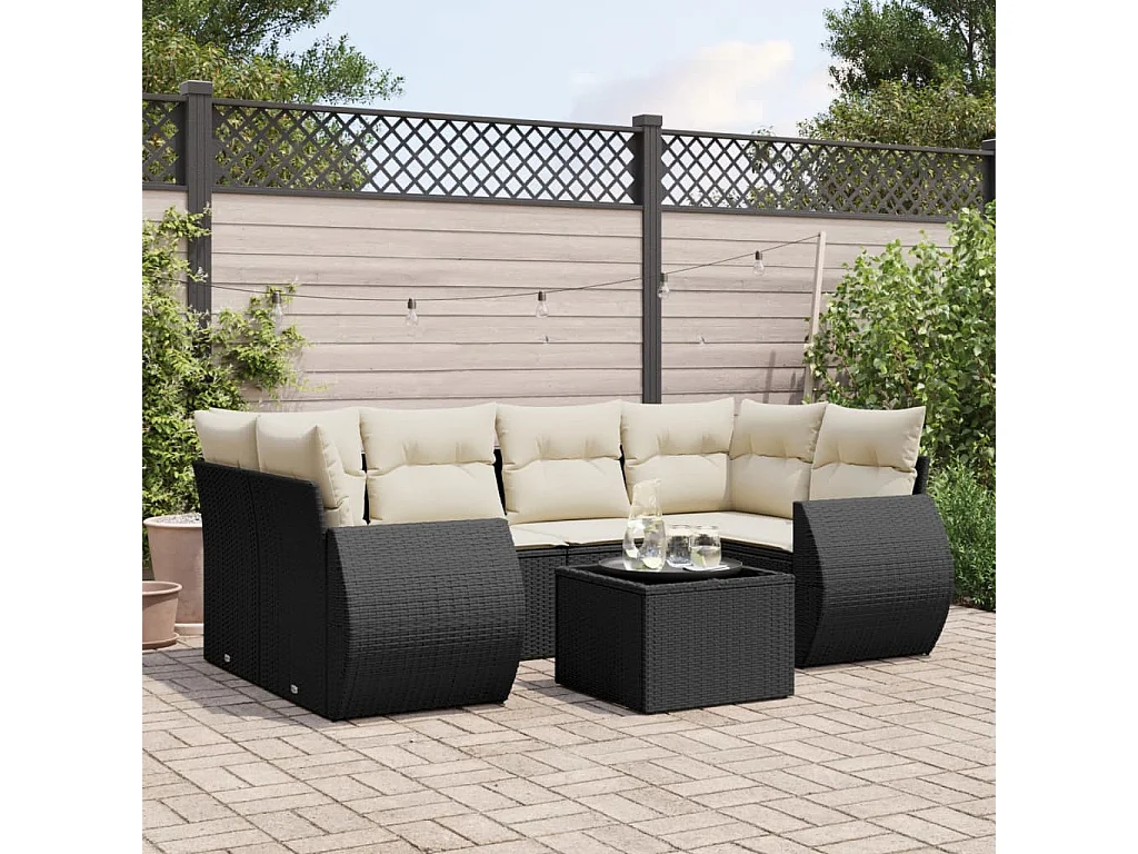 Salon de jardin 7 pcs avec coussins noir résine tressée