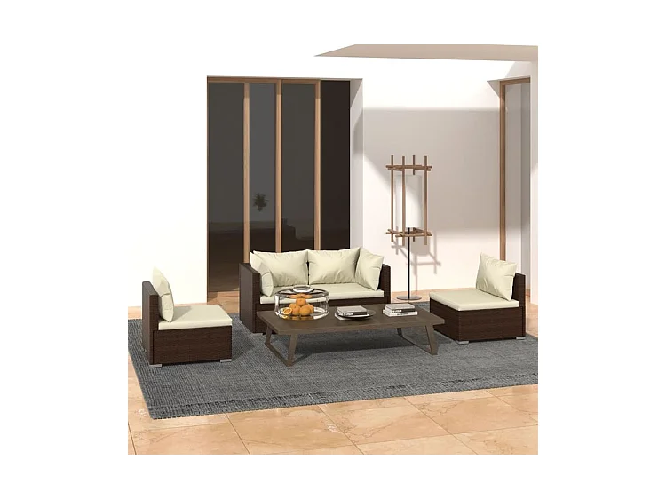 Salon de jardin 4 pcs avec coussins Résine tressée Marron