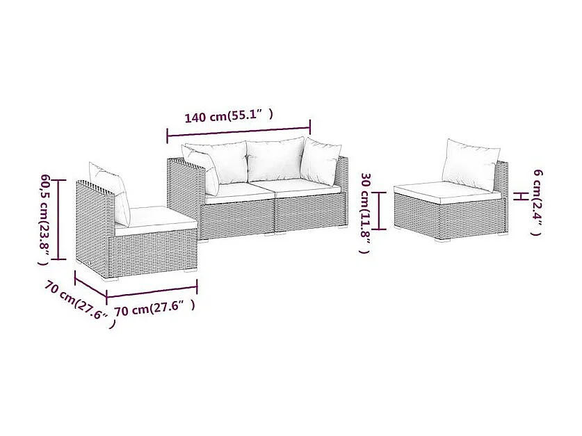 Salon de jardin 4 pcs avec coussins Résine tressée Marron