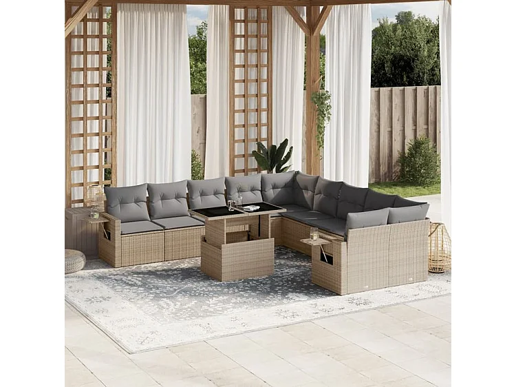 Salon de jardin 11 pcs avec coussins beige résine tressée