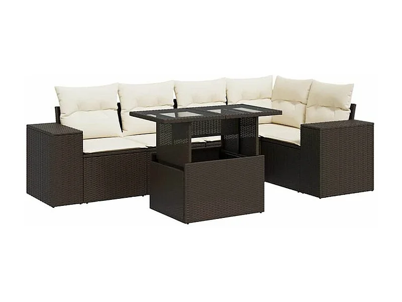 Salon de jardin avec coussins 6 pcs marron résine tressée