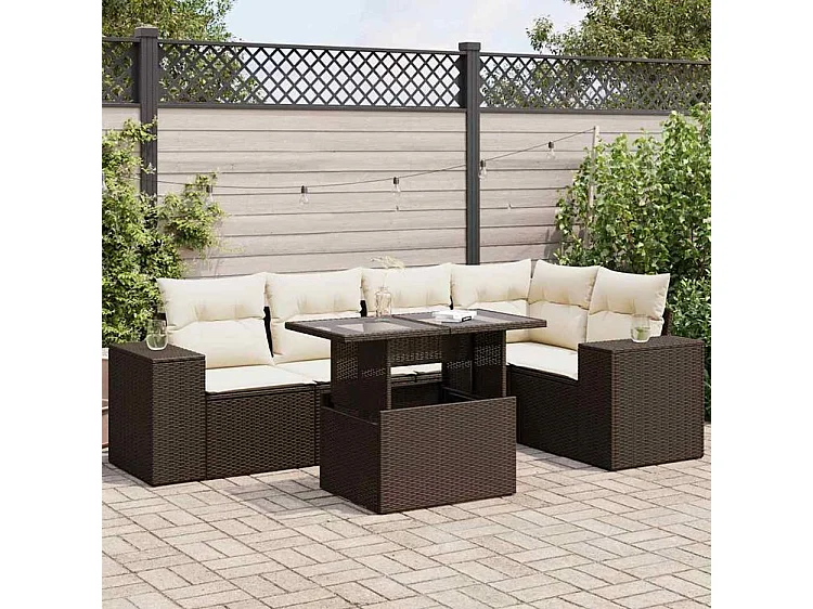 Salon de jardin avec coussins 6 pcs marron résine tressée