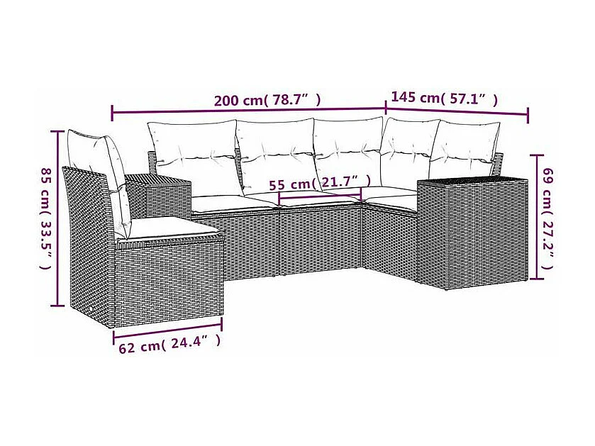 Salon de jardin avec coussins 5 pcs marron résine tressée