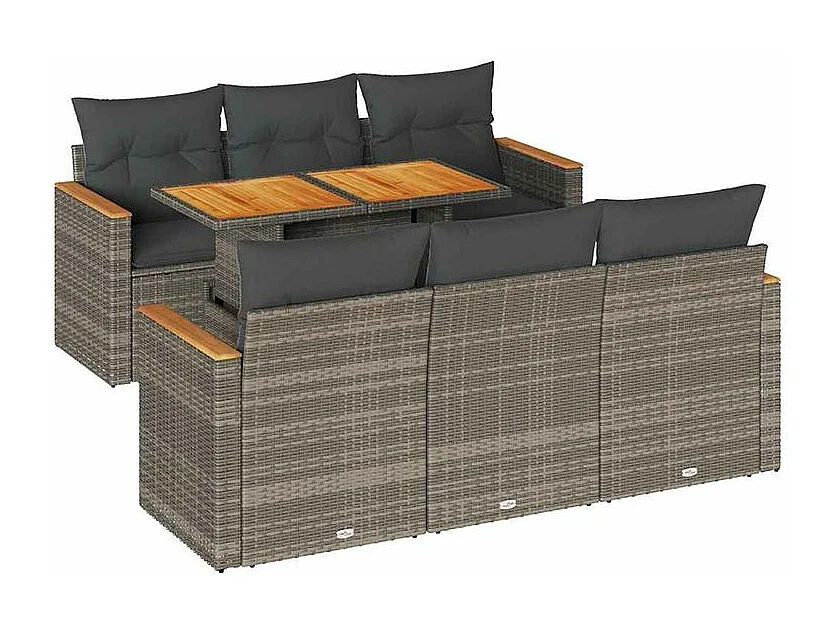 Salon de jardin avec coussins 7 pcs gris résine tressée acacia