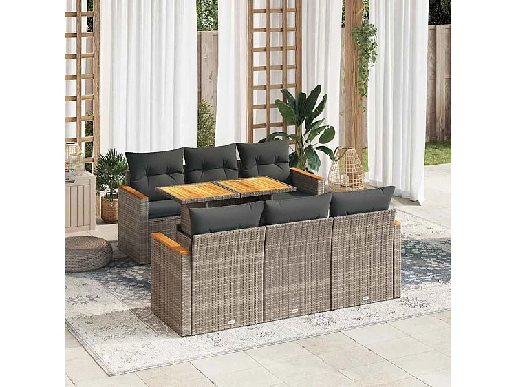 Salon de jardin avec coussins 7 pcs gris résine tressée acacia