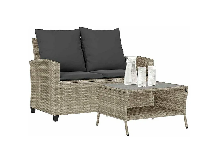 Canapé de jardin 2places coussins et table gris clair polyrotin