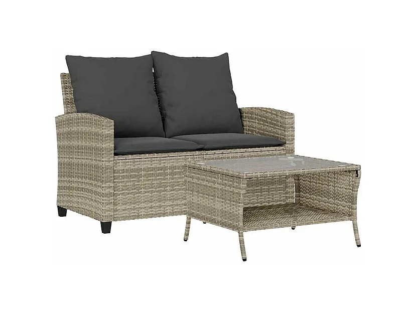 Canapé de jardin 2places coussins et table gris clair polyrotin