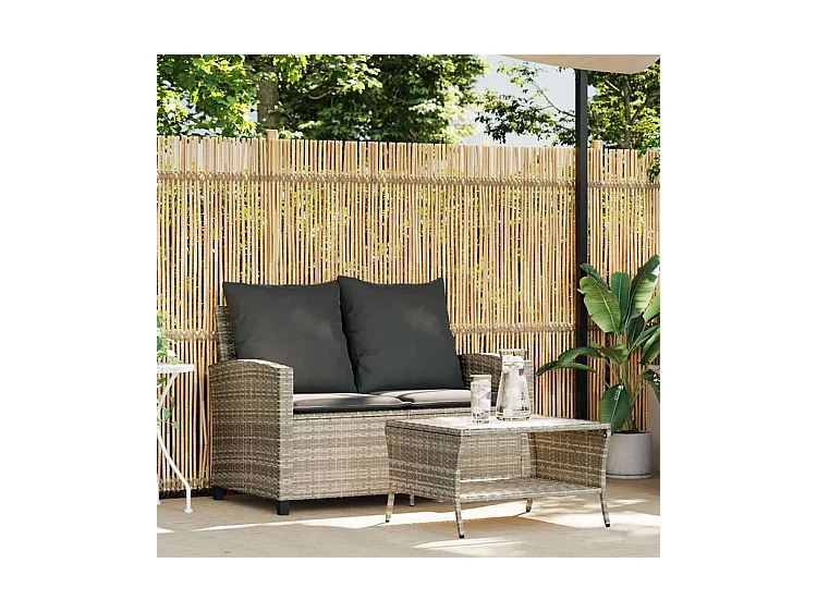 Canapé de jardin 2places coussins et table gris clair polyrotin