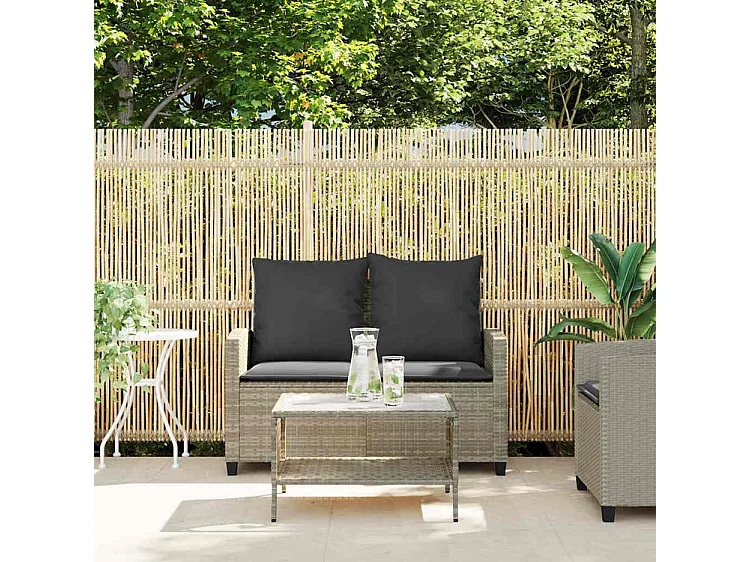 Canapé de jardin 2places coussins et table gris clair polyrotin