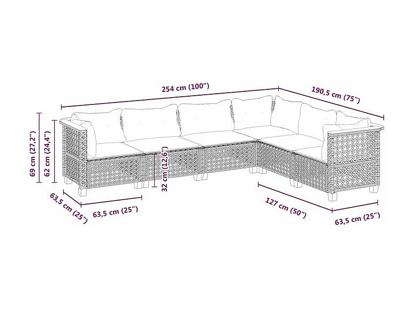 Salon de jardin 6 pcs avec coussins gris résine tressée