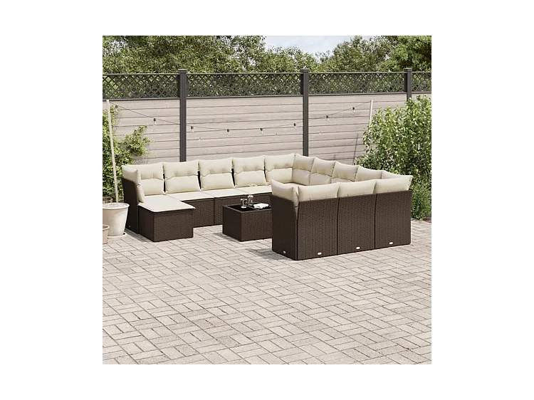 Salon de jardin avec coussins 13 pcs marron résine tressée