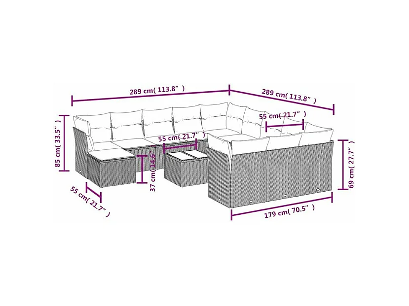Salon de jardin avec coussins 13 pcs marron résine tressée