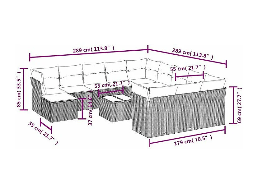 Salon de jardin avec coussins 13 pcs marron résine tressée