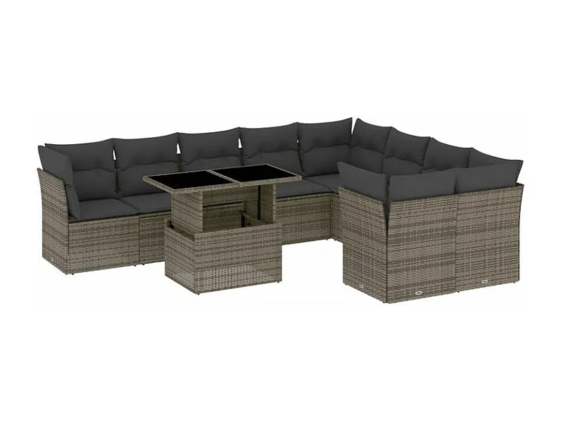 Salon de jardin avec coussins 10 pcs gris résine tressée