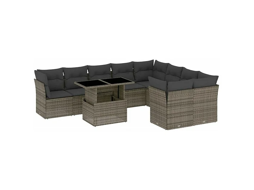 Salon de jardin avec coussins 10 pcs gris résine tressée